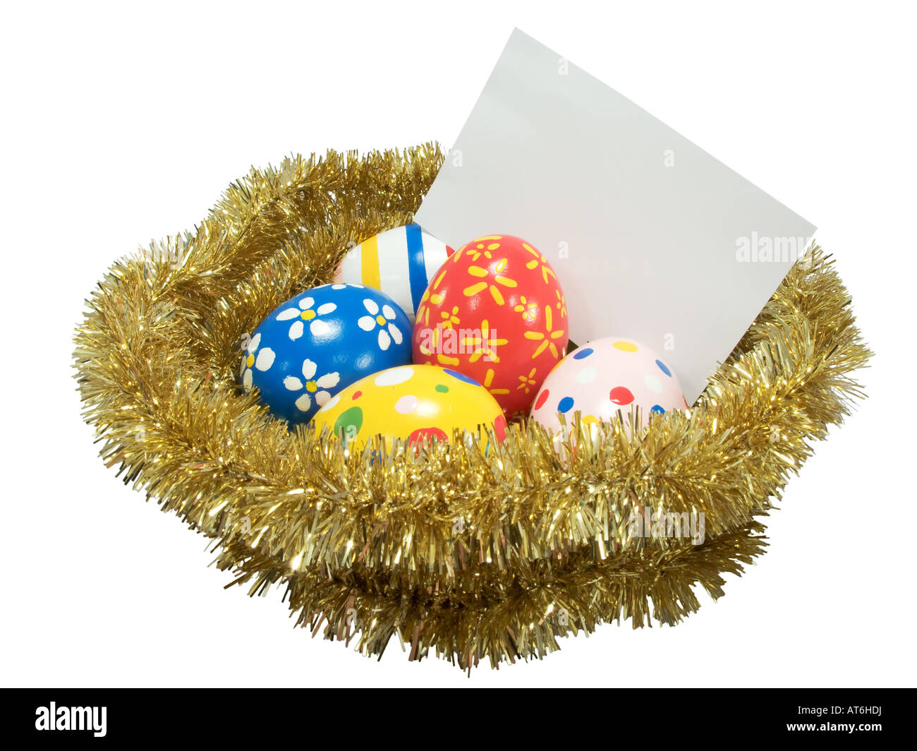 Real hand painted Easter eggs in a golden nest with blank card Stock ...
