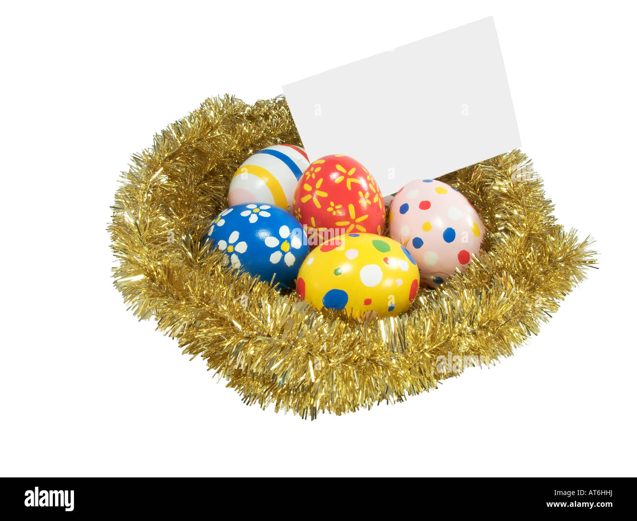 Real hand painted Easter eggs in a golden nest with blank card Stock ...