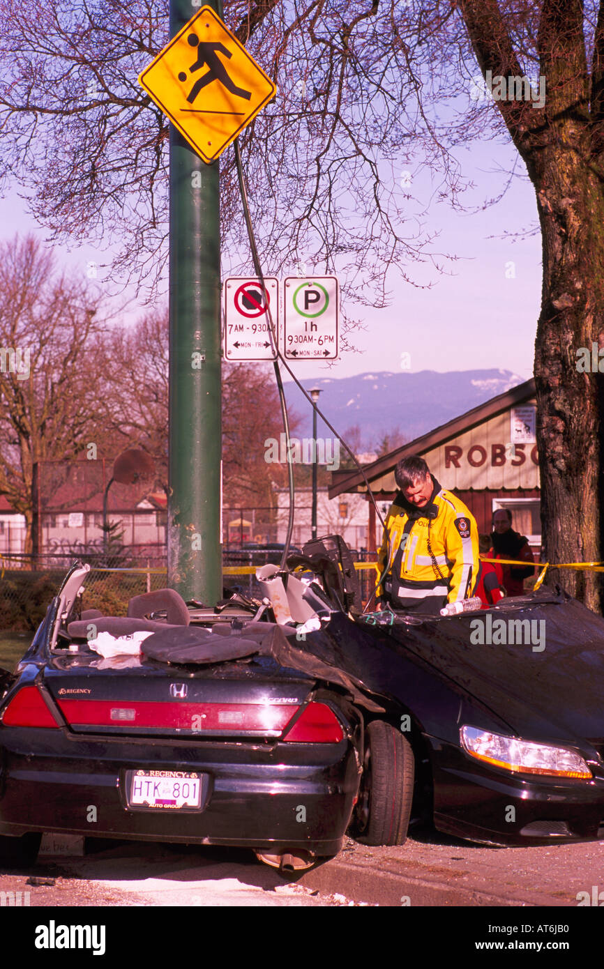 Police investigate Fatal Car Crash Traffic Accident Scene of Speeding