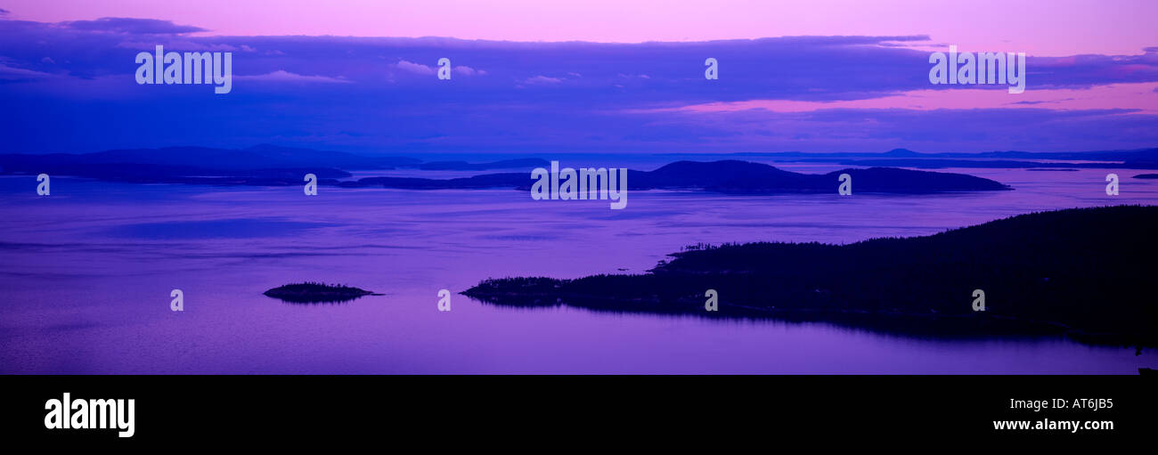 An Aerial View of several Gulf Islands at Sunset along the Pacific West Coast of British Columbia Canada Stock Photo