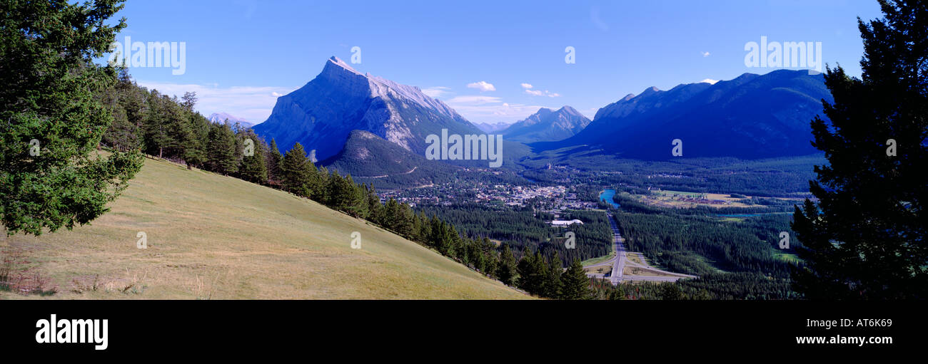 Overlooking Town of Banff and Mount Rundle, Banff National Park, Alberta, Canada - Canadian Rockies, Summer Stock Photo
