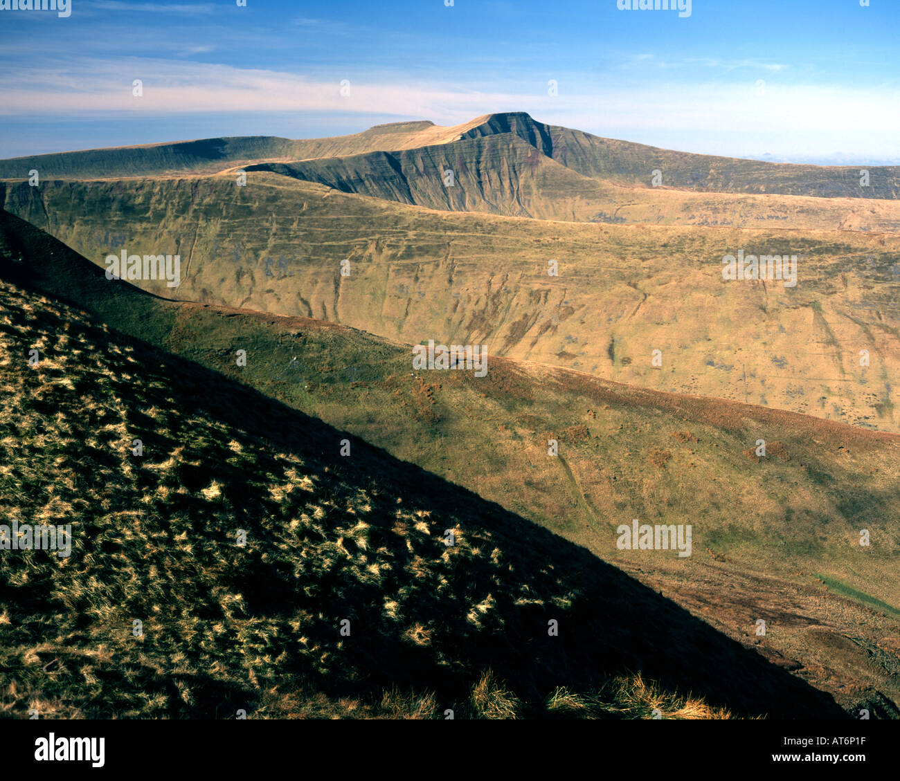 central peaks of the brecon beacons from left to right corn du pen y fan and cribyn from craig cwareli brecon beacons Stock Photo