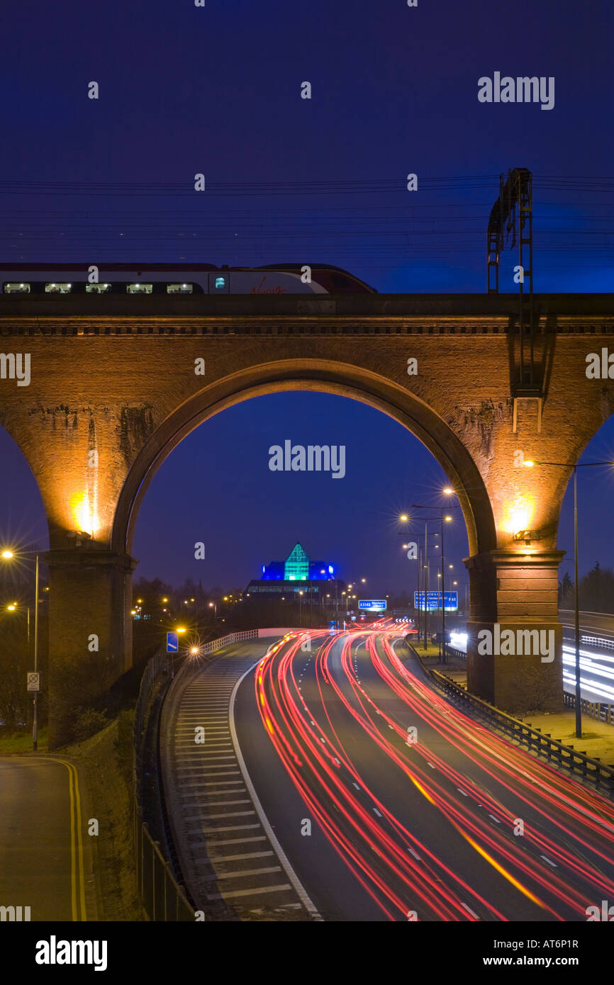 M60 Motorway, Stockport Pyramid and Viaduct at night. Stockport