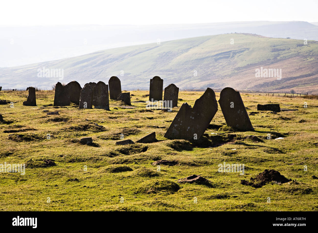 Gravestones in isolated cholera burial ground dated to 1849 on the moors near Tredegar Wales UK Stock Photo