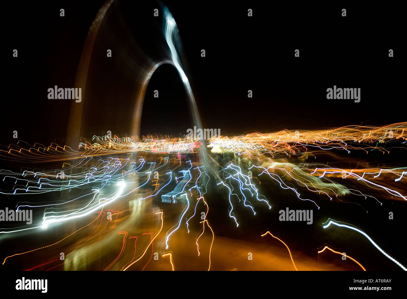 The Gateway Arch abstracted at night with motion blur Stock Photo