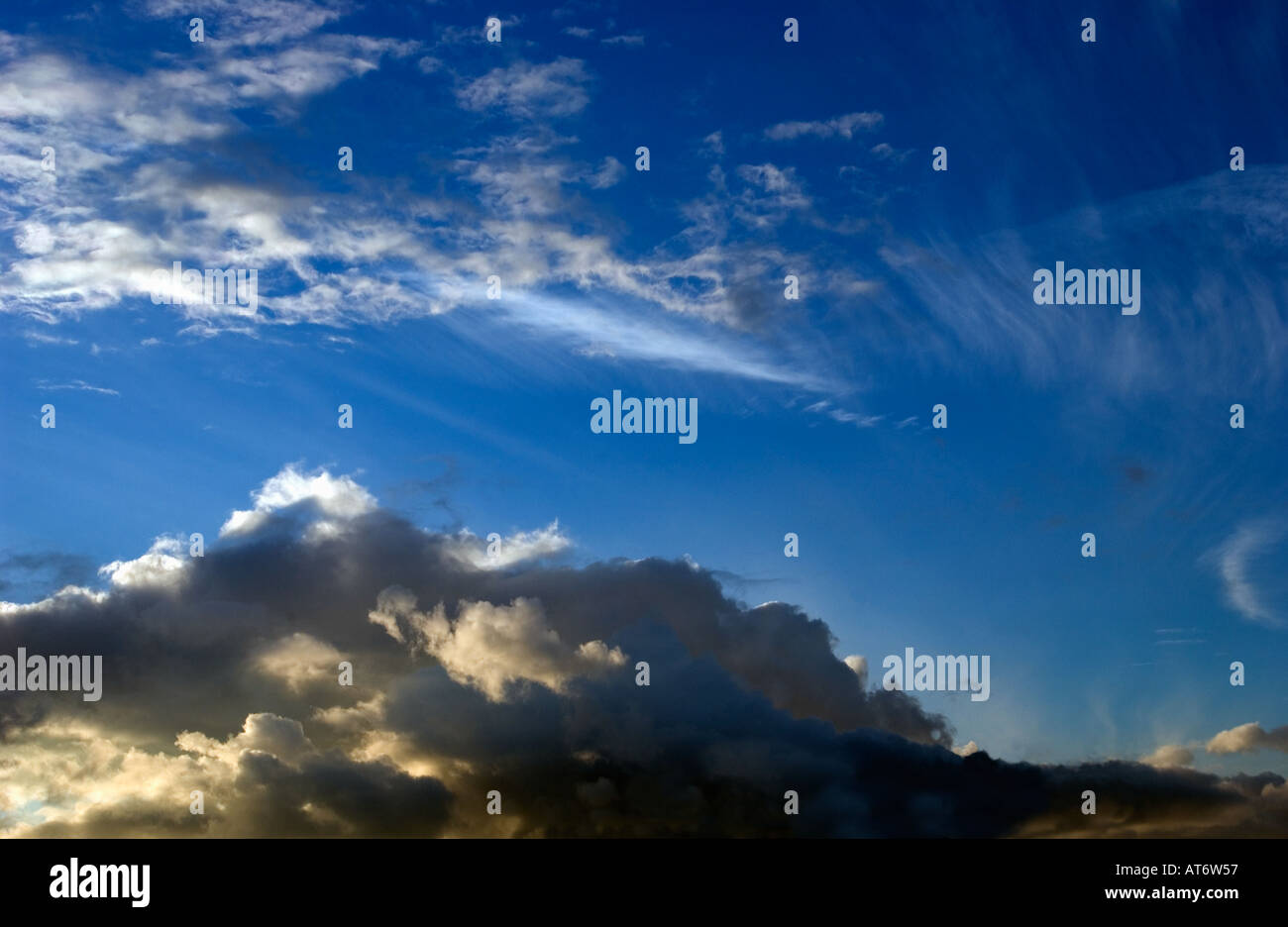 Winter sky clouds looming, backlit by sun Stock Photo