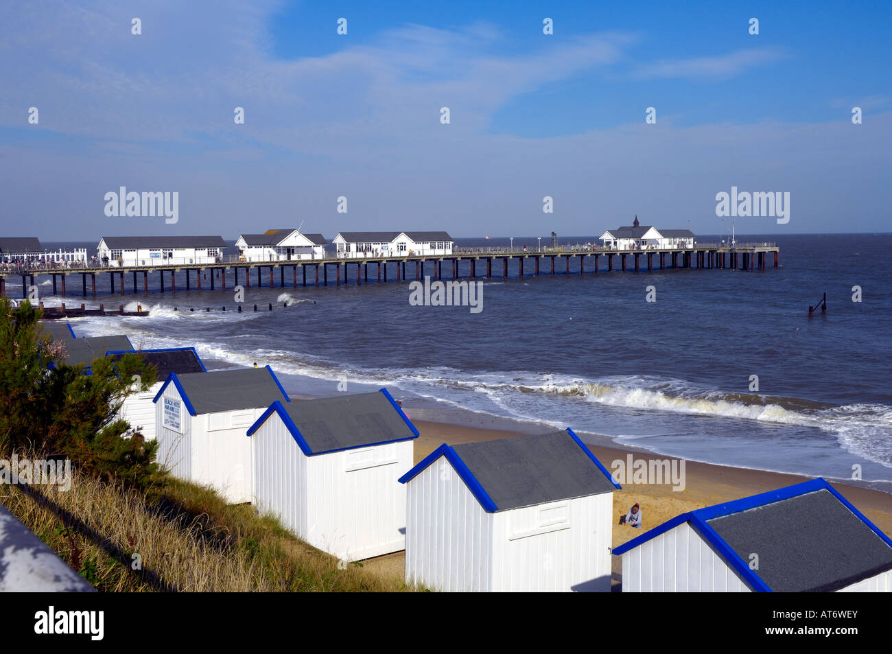 Pier, Beach Huts, Southwold-on-Sea, Suffolk Stock Photo