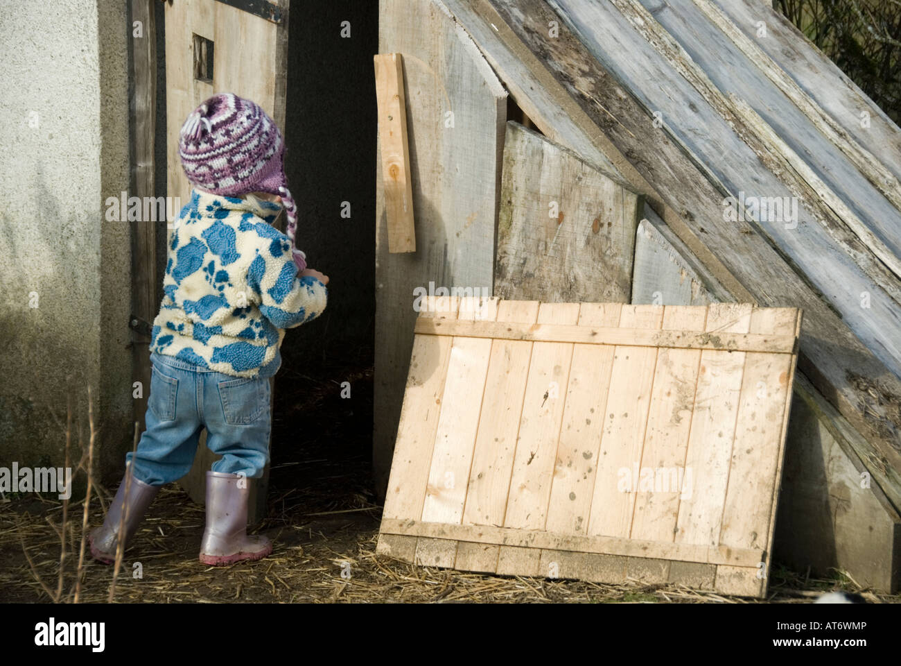 Child playing in a chicken coop Stock Photo Alamy