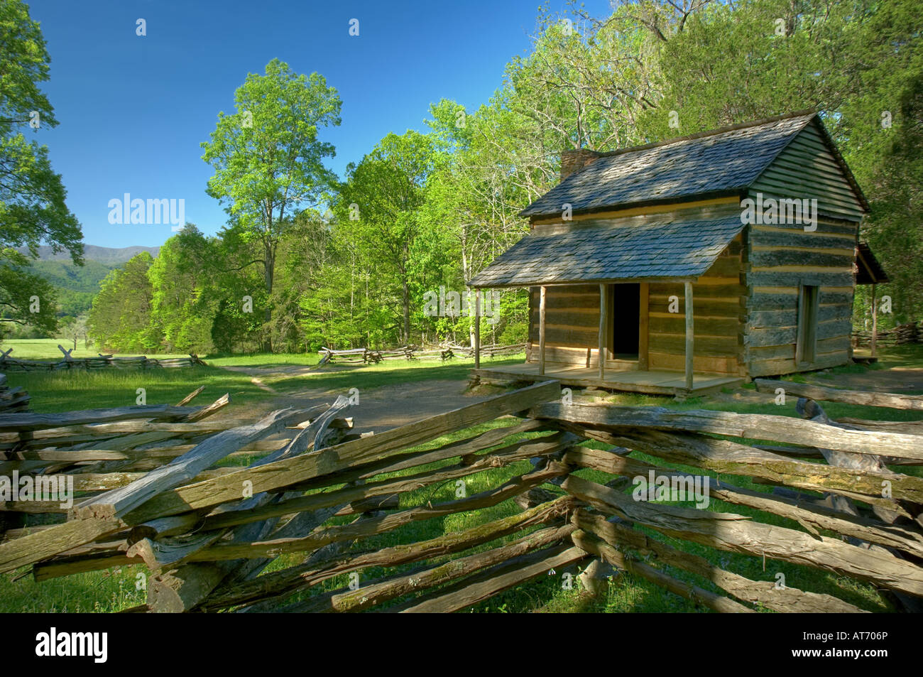 An unusual view of John Olivers Cabin in Great Smoky Mountains National Park, Tennessee, USA. Photo by Darrell Young. Stock Photo