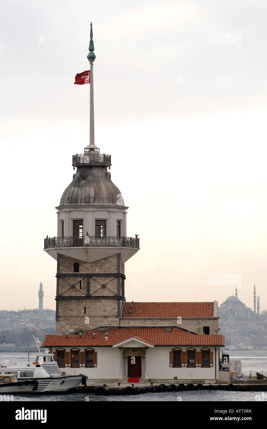 Leanders Tower (Kiz Kulesi), also known as Maidens Tower in the Bosphorus with the Istanbul skyline in the background. Stock Photo