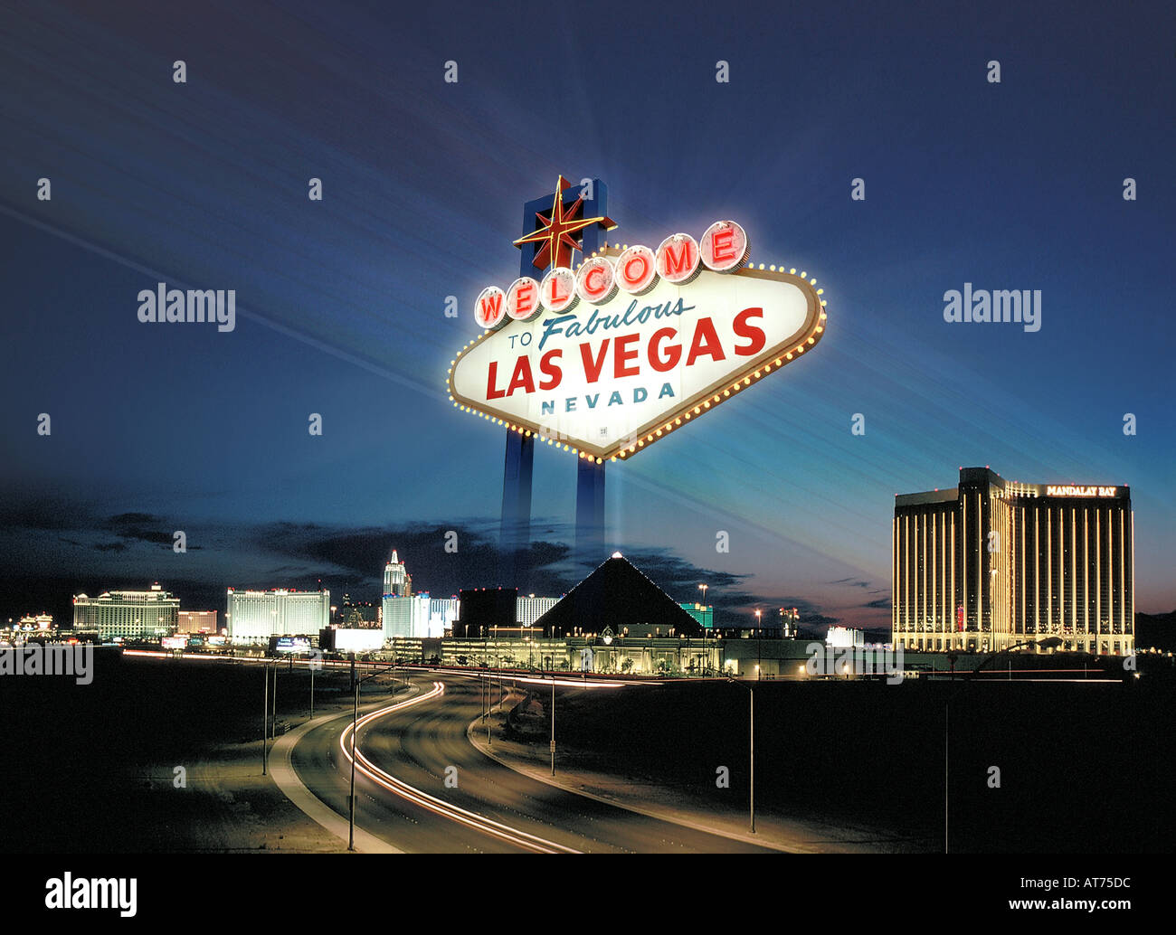 Famous Welcome to Fabulous Las Vegas sign superimposed over view of  southern end of Las Vegas at dawn Stock Photo - Alamy