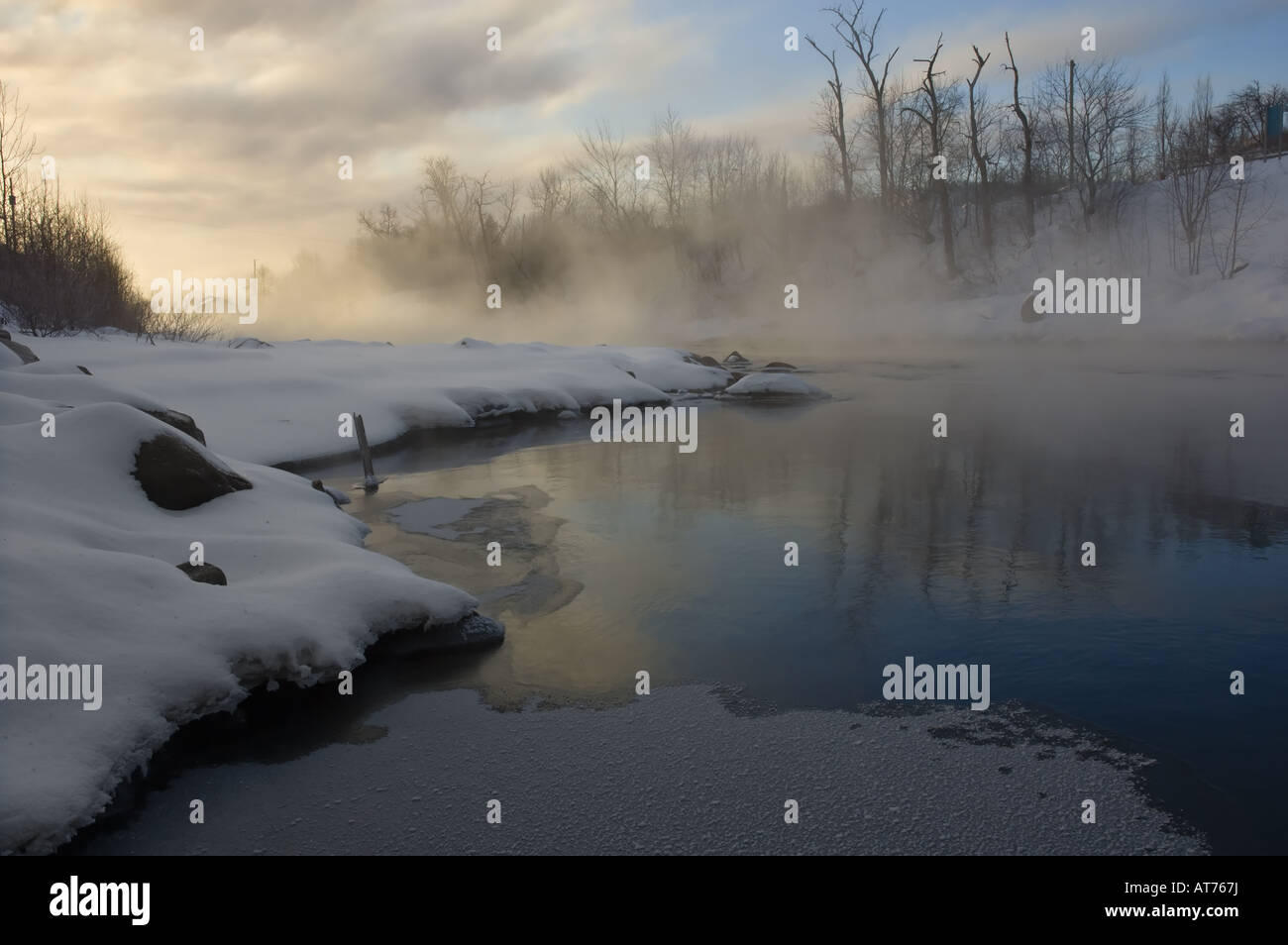 Misty morning on the La malbaie River, Charlevoix, Quebec, Canada Stock