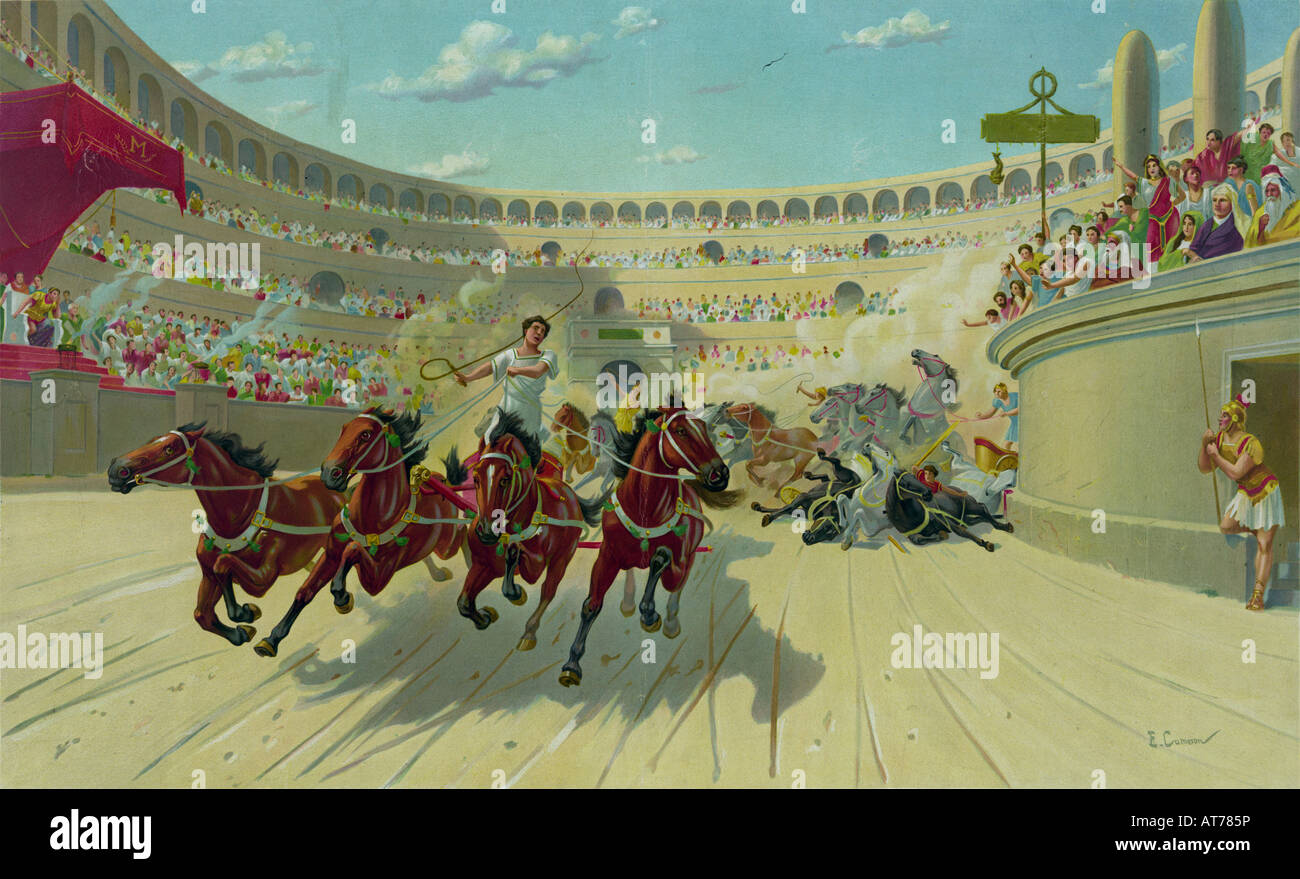 The Ben Hur Chariot race in the Circus Maximus with an accident in the back Stock Photo