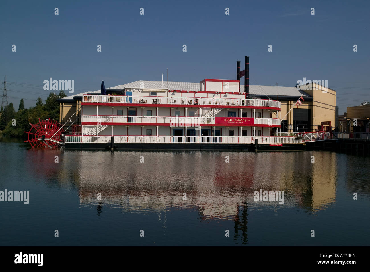 paddle steamer restaurant on the lake at lakeside shopping centre Stock