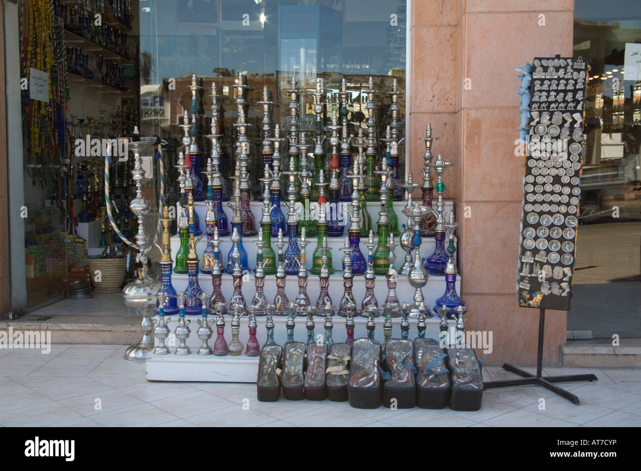 Dahab Sinai Egypt North Africa February souvenir shop with its huge selection of Shisha Hookah water pipes Stock Photo