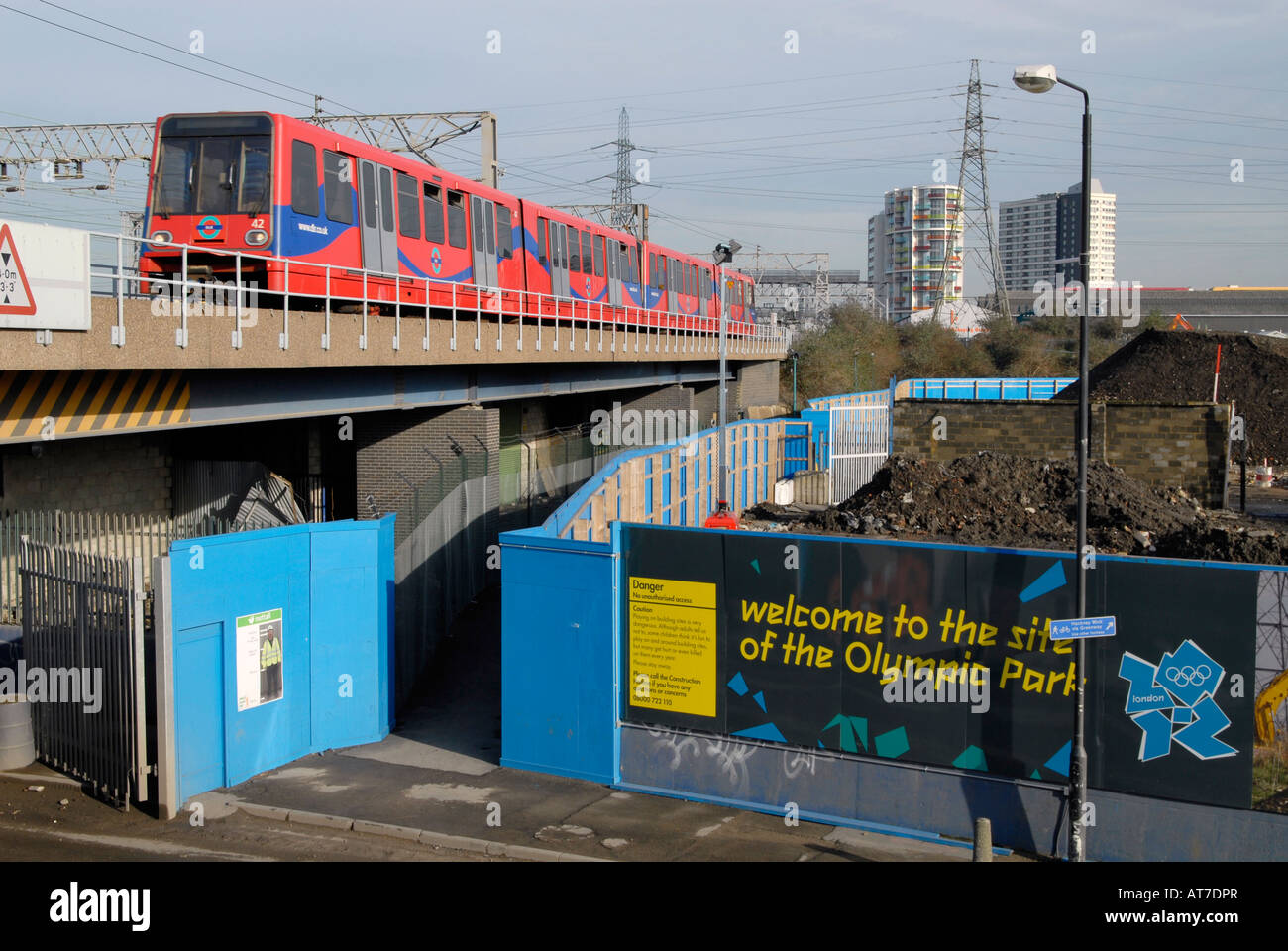 UK Pudding Mill Lane DLR station with Olympic Park construction in