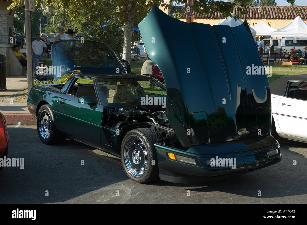 Los Angeles California car show antique customized green Corvette open hood Stock Photo