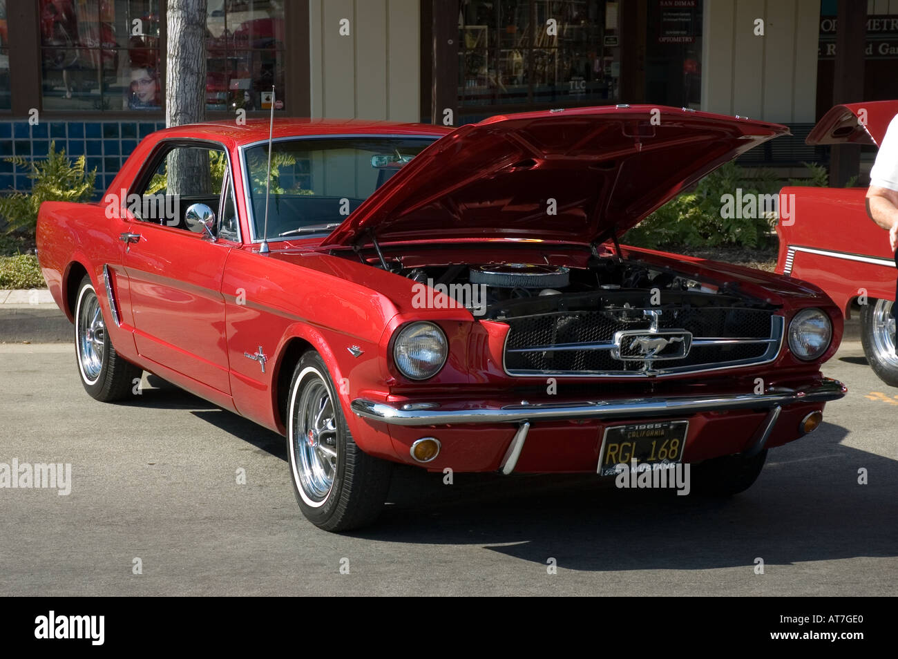 Los Angeles California car show antique customized Ford Mustang 65 1965 red  open hood engine Stock Photo - Alamy