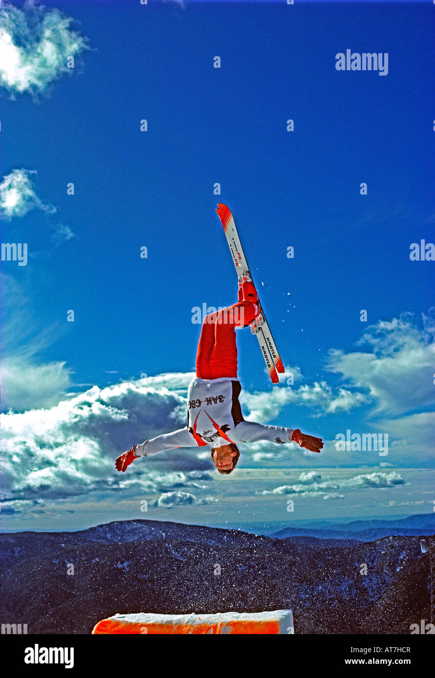 Man snow skiing. Somersaulting. Australia. Victoria, Mount Buller Stock