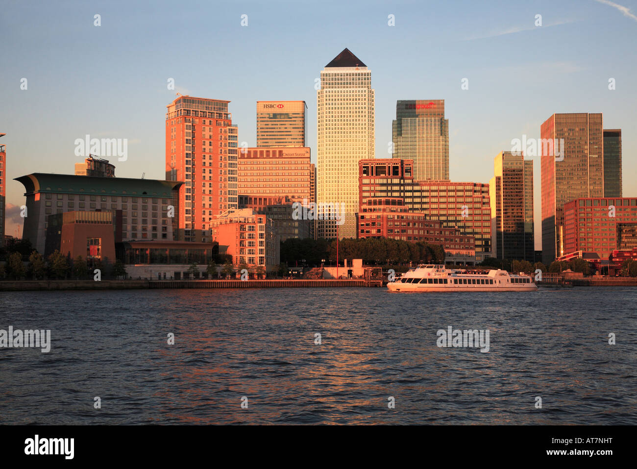 Canary Wharf from the South Bank of The River Thames in late afternoon sun. Stock Photo