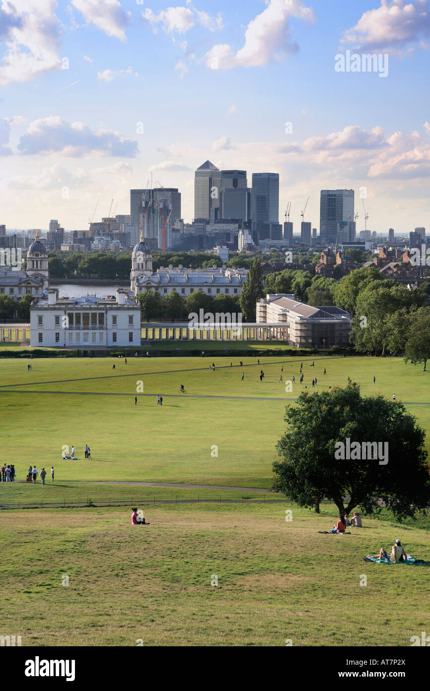 Greenwich Park from the Observatory towards the Royal Naval College and Canary Wharf. Stock Photo