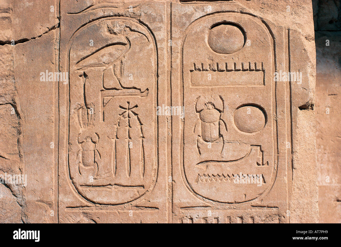 Close up of carved hieroglyphics at the Temple of Karnak on the banks of the river Nile near Luxor Egypt Stock Photo