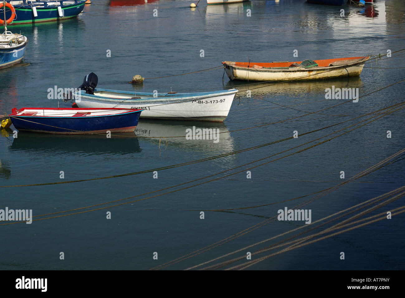 view of mouth of a river pletzia with several fishing boats tied Stock Photo