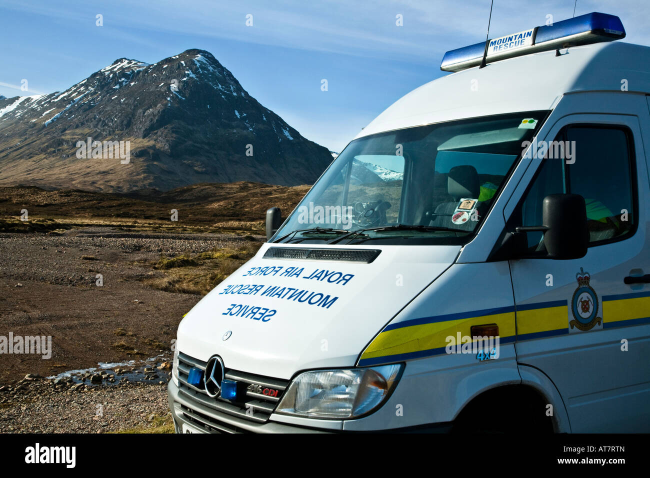 A Royal Air Force Mercedes Benz Sprinter 416 CDI mountain rescue van in Glen Coe, Lochaber, Scotland. Stock Photo