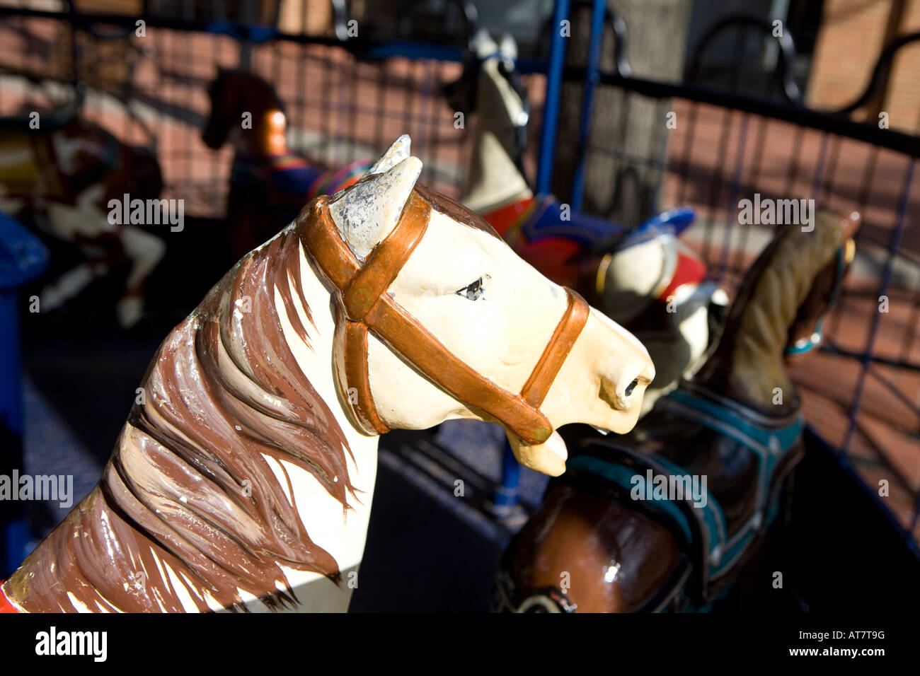 A horse on a child's carousel ride on the downtown mall in Charlottesville Virginia February 19 2008 Stock Photo