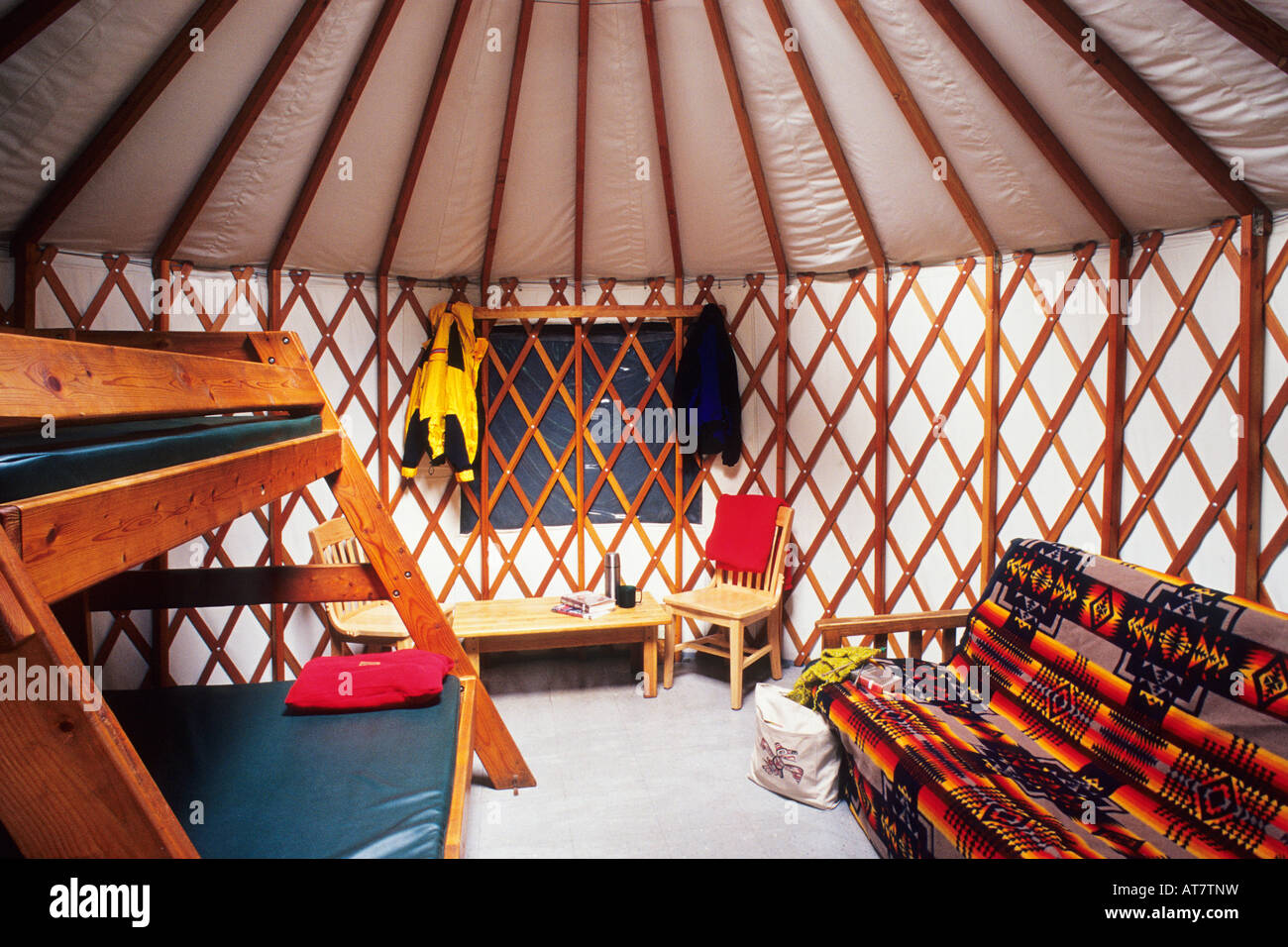 Yurt interior, Oregon State Park, Oregon Stock Photo