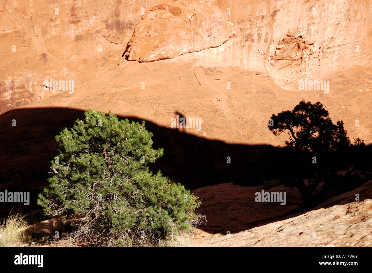 Shadow of Cocopelli on the sandstone cliff. Arches National Park, Moab, Utah. Stock Photo