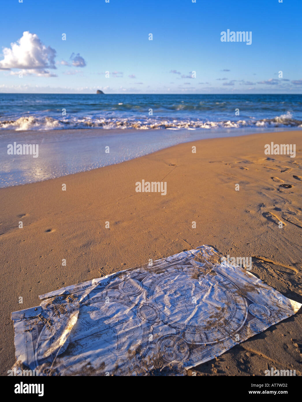 Ancient planisphere map on beach, Guadeloupe, French West Indies Stock Photo