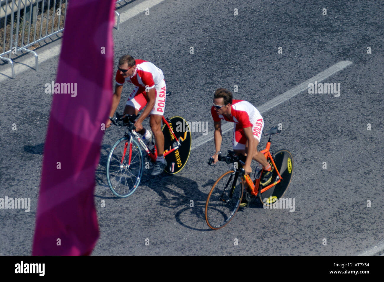 Polish cyclists out on the time trial course on practice day Athens 2004 Olympic Games Stock Photo
