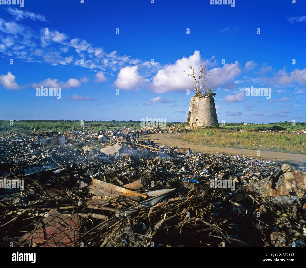 Rubbish dump and old sugar mill with a tree growing atop, Guadeloupe