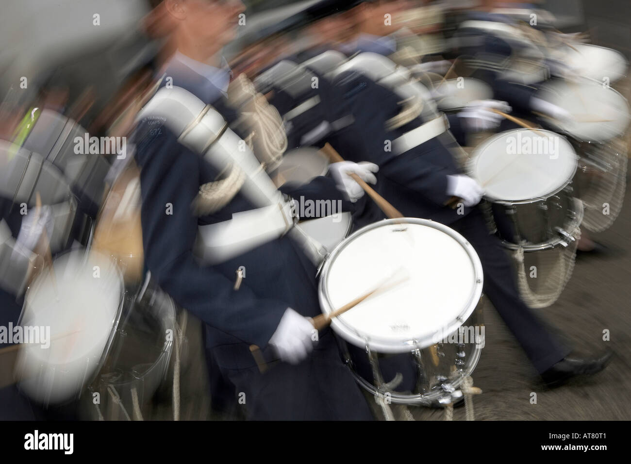 Blurred view of military marching band air training corps playing drums