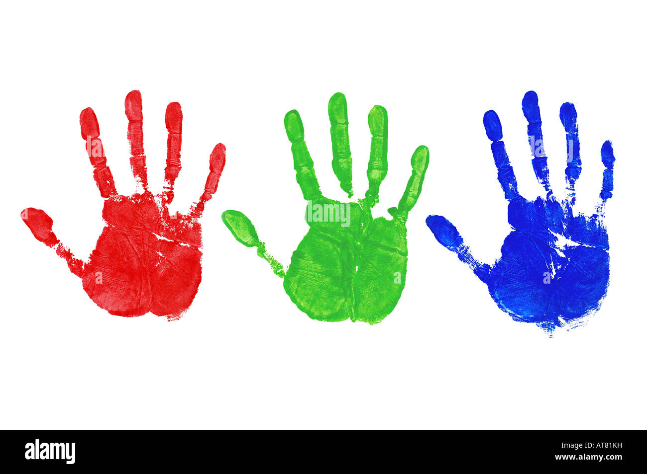 Three hand prints in Red Green and Blue colour coded to 255 for each individual colour Stock Photo