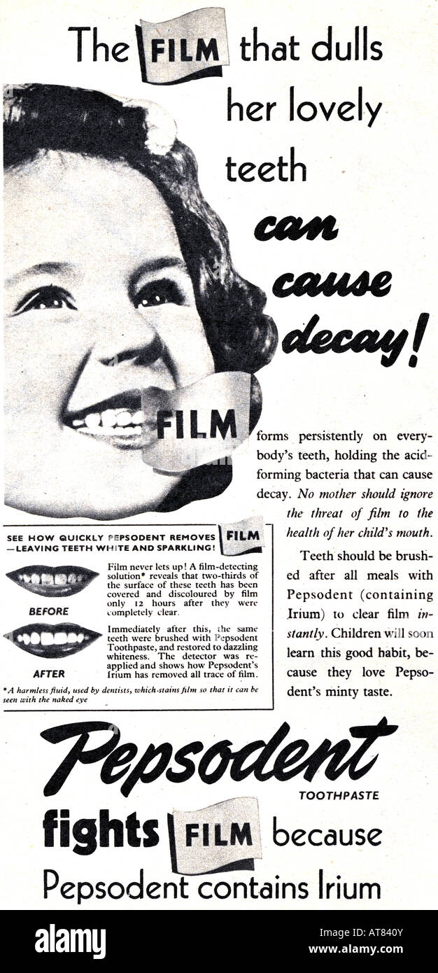 1950 Advertisement for Pepsodent Toothpaste 1950s FOR EDITORIAL USE ONLY Stock Photo