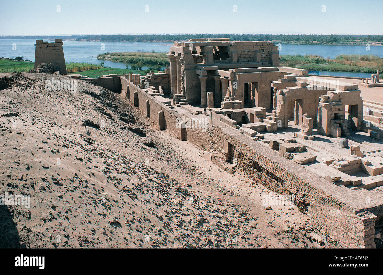 The ruined Temple of Kom Ombo with the river Nile in the background Egypt Stock Photo