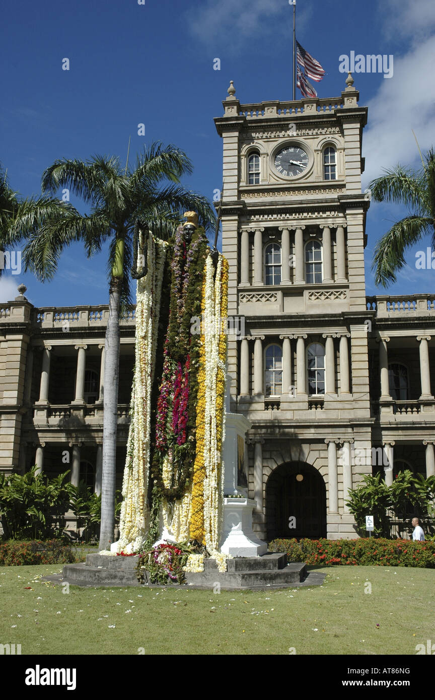 statue of King Kamehameha the Great is draped with leis for Kamehameha