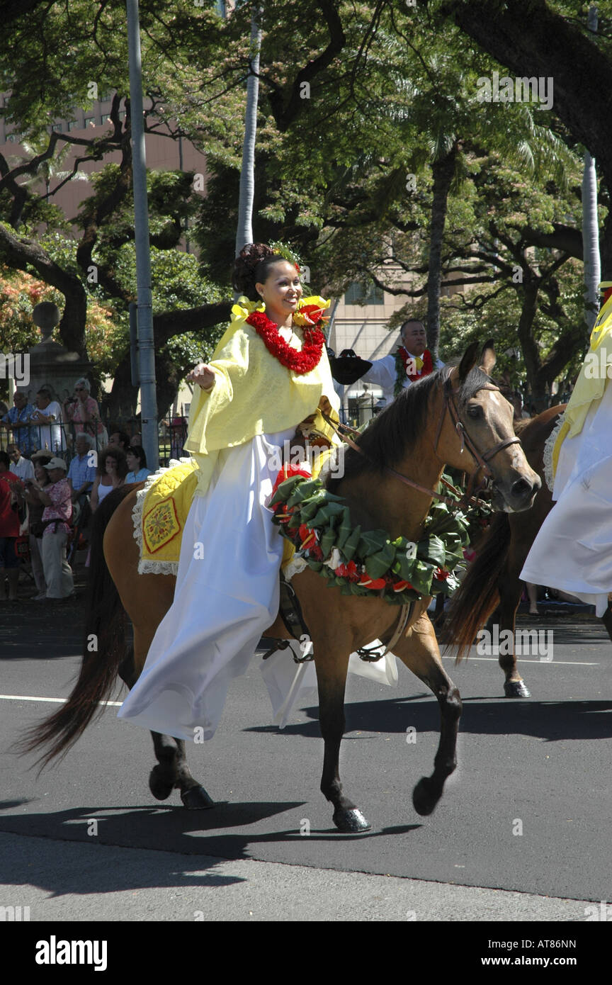 Pa'u rider in the annual King Kamehameha Day Parade. The first ruler to unite all the islands is remembered each June 11th. Stock Photo