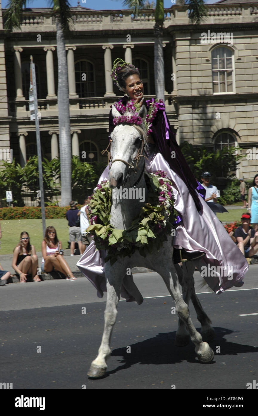 Pa'u rider in the annual King Kamehameha Day Parade. The first ruler to unite all the islands is remembered each June 11th. Stock Photo