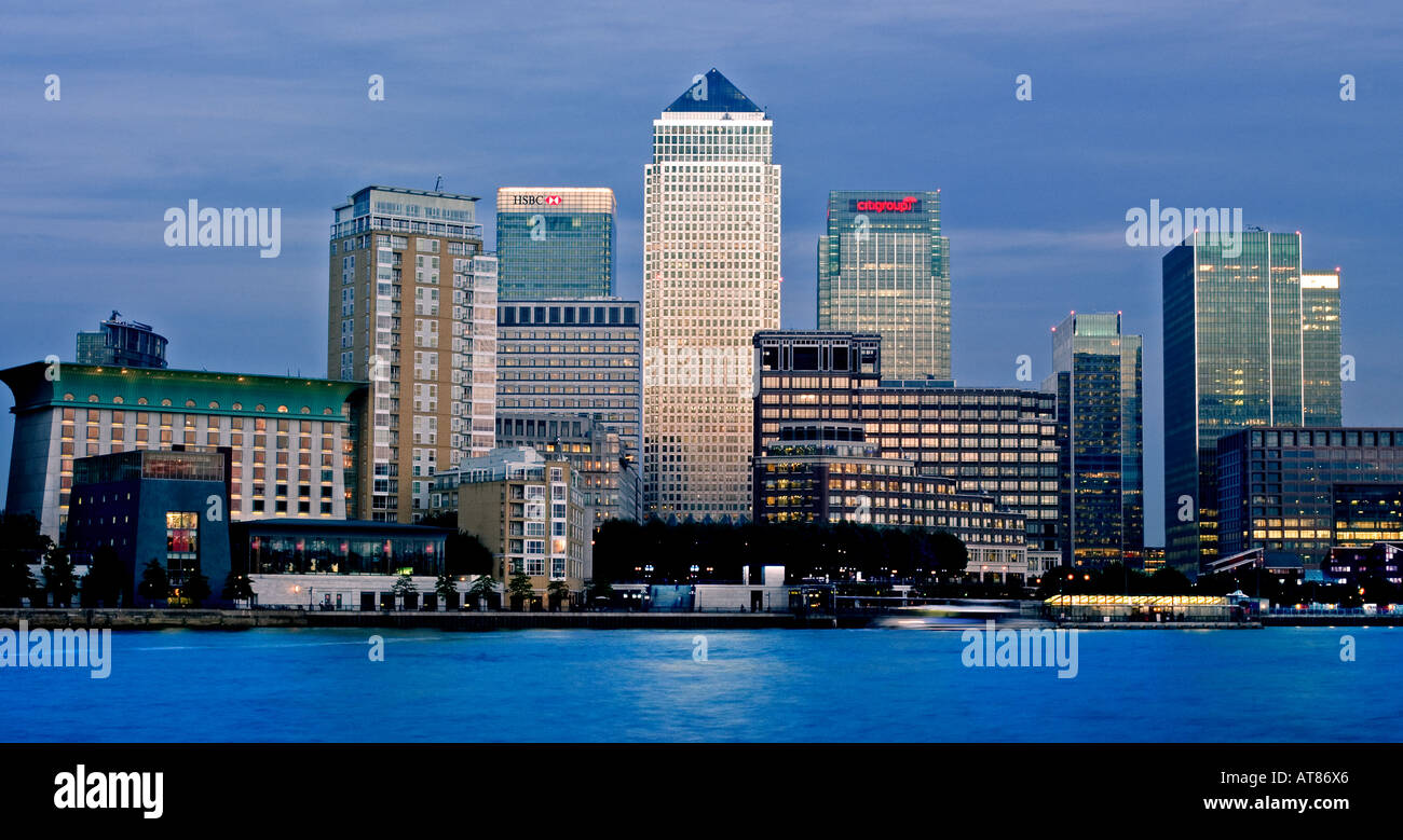 Canary Wharf dusk from Rotherhithe London UK Stock Photo
