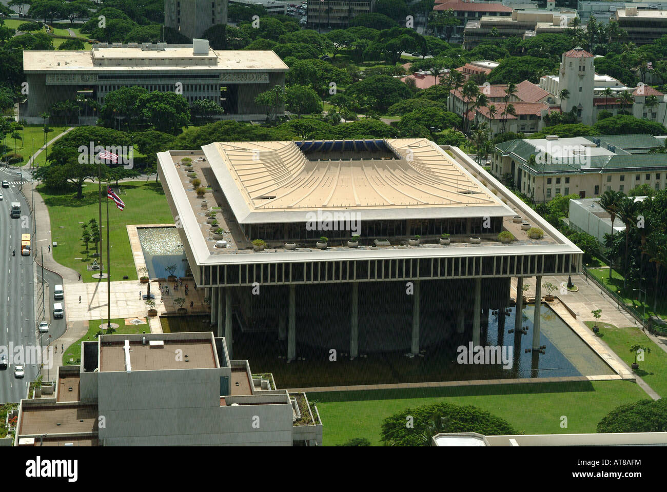 Aerial shot of the Hawaii State Capitol building in downtown Honolulu. Stock Photo