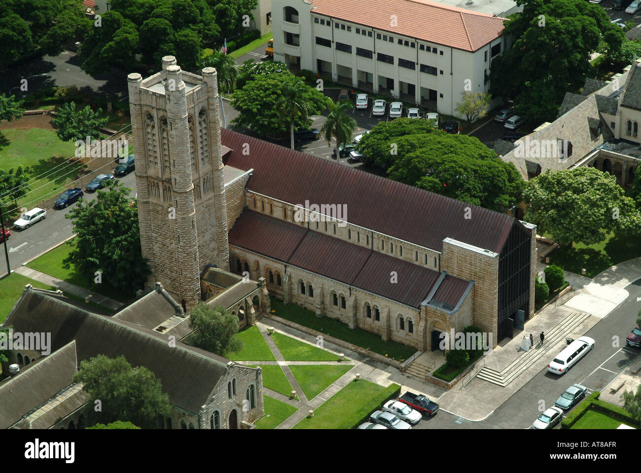 Aerial shot of historic St Andrews Cathedral in downtown Honolulu. Stock Photo