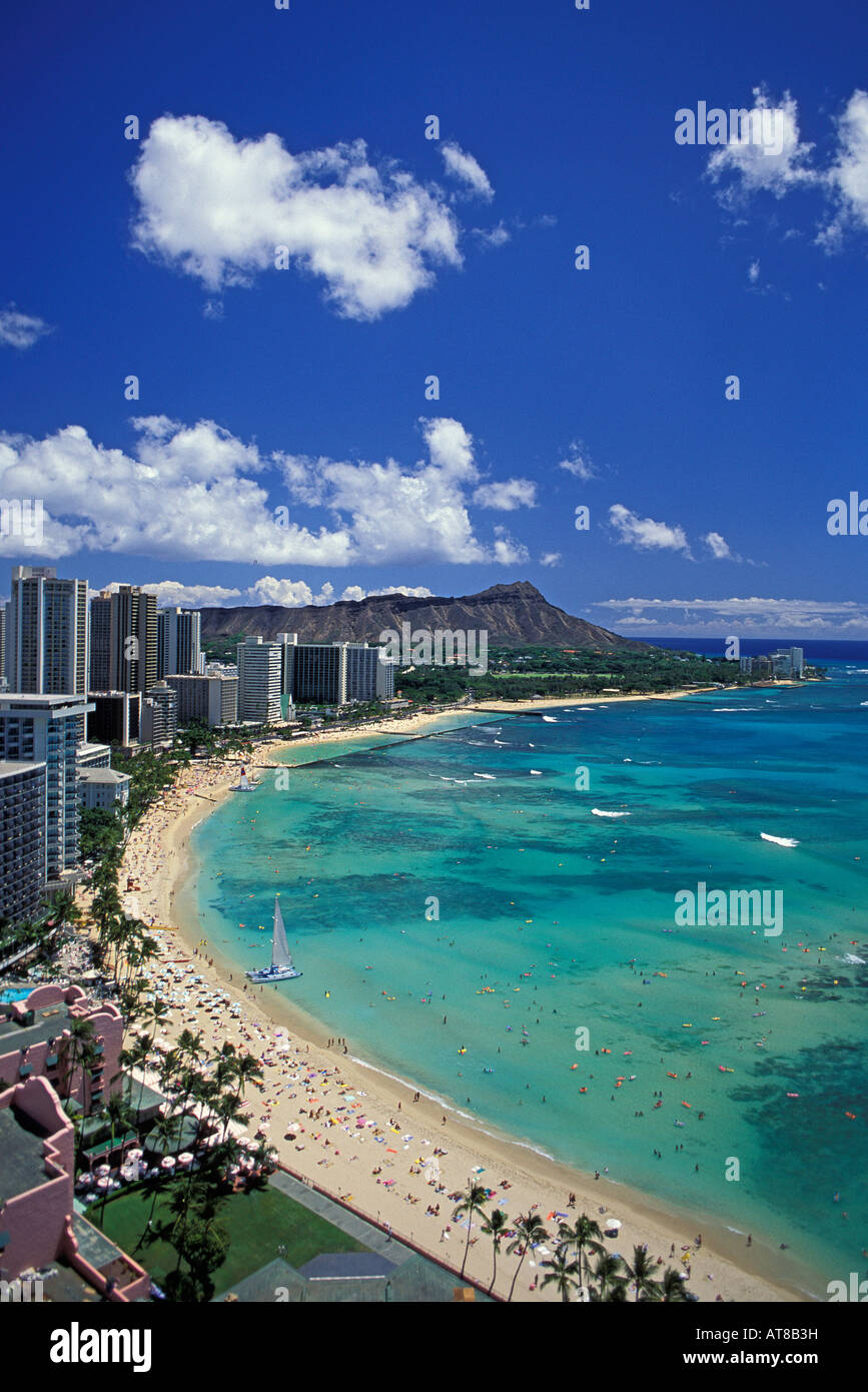 Aerial of Waikiki hotels and beach and Diamond Head in distance. Great