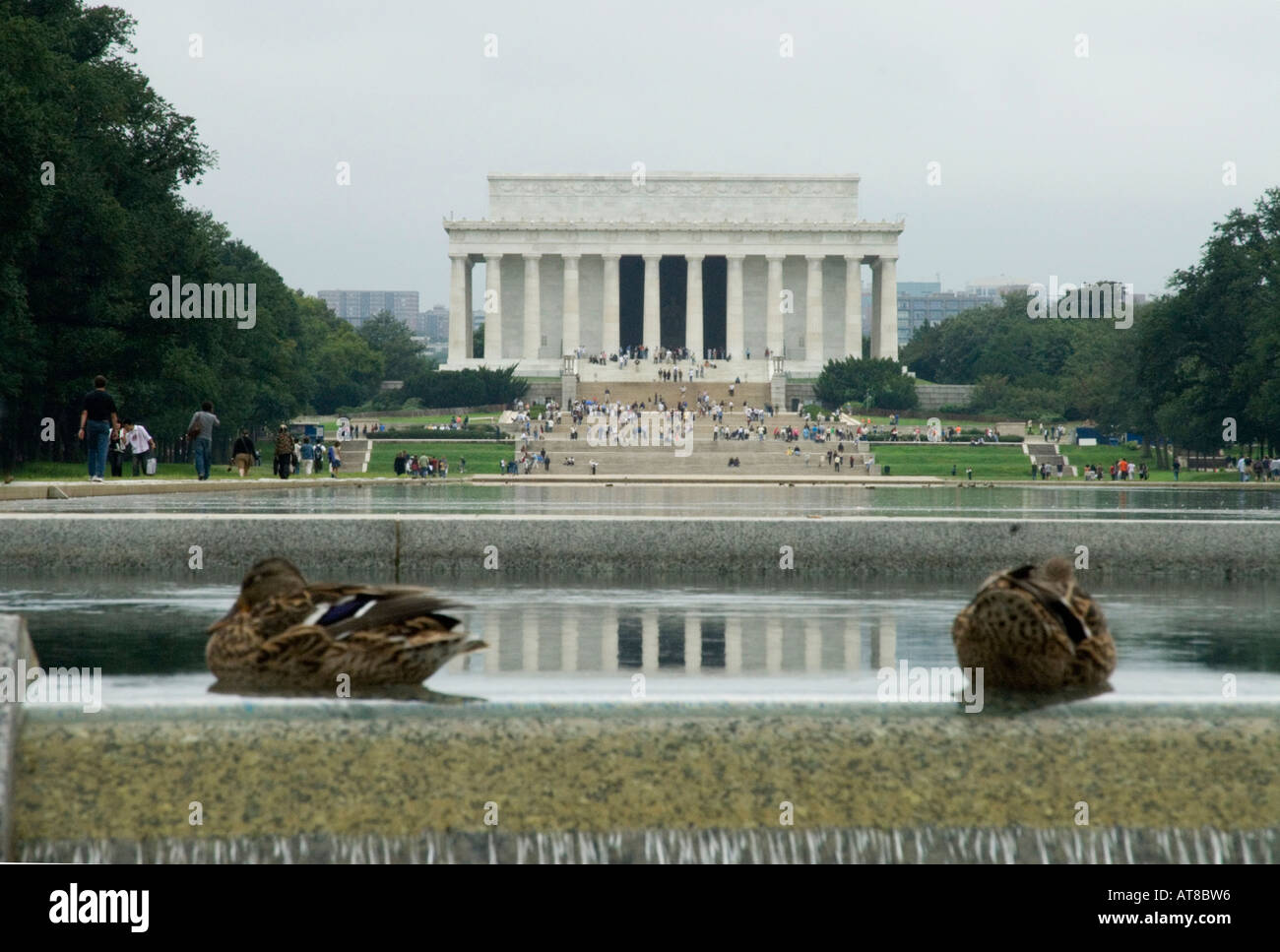The Lincoln Memoial as viewed through two ducks from the World War II memorial in Washington DC United States of America Stock Photo