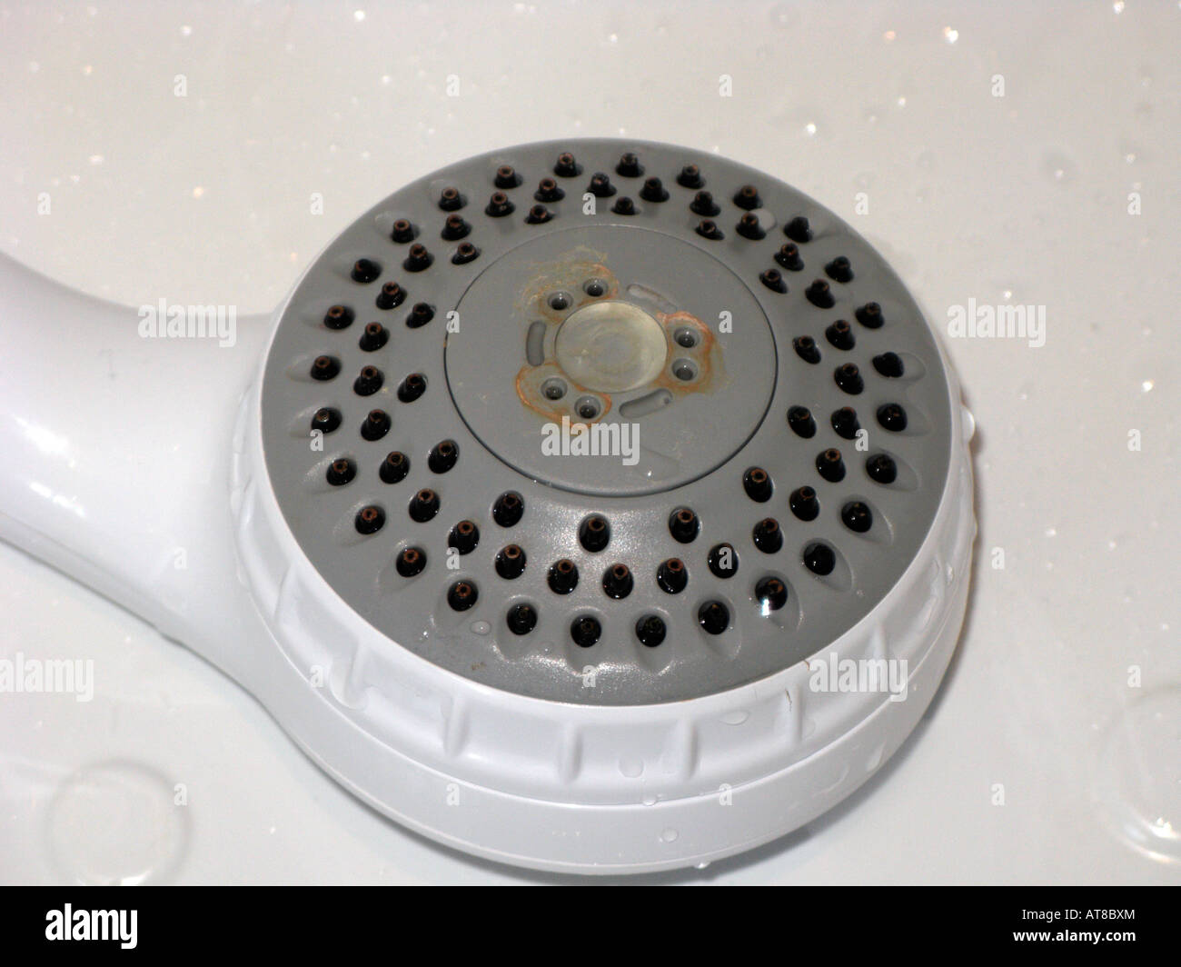 modern multi purpose power shower head showing signs of hard water and limescale build up residue Belfast Stock Photo