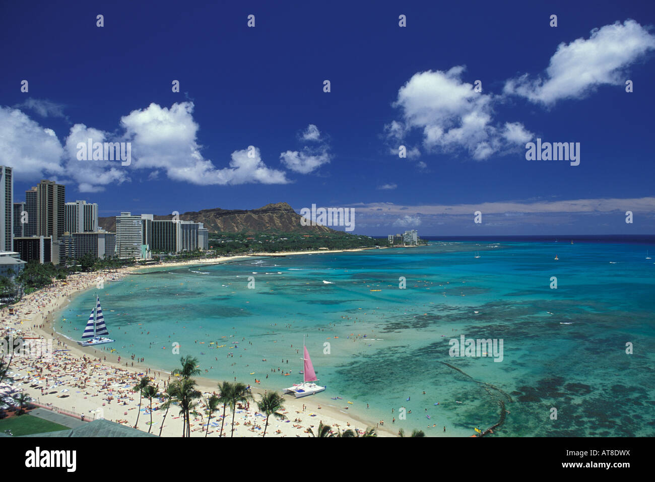Diamond head and Waikiki beach view with sailboats, Oahu Stock Photo