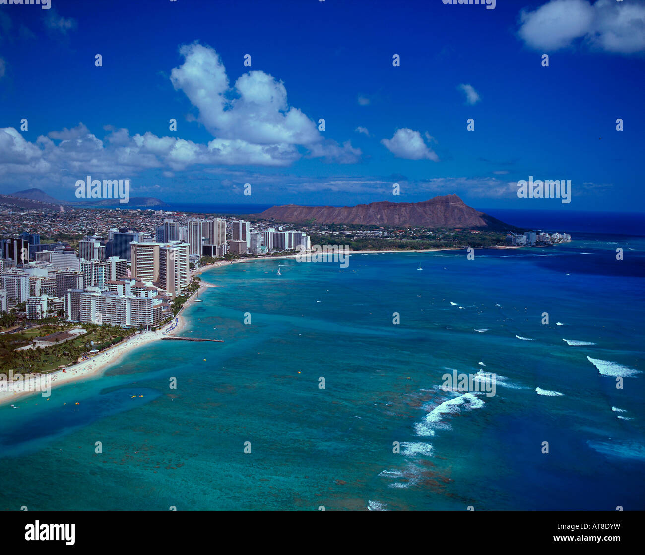 Aerial of Waikiki beach and coastline including Diamond Head, Oahu Stock Photo