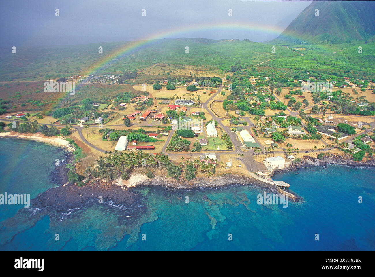 Aerial view of Kalaupapa Peninsula and settlement with rainbow. Molokai, Hawaii Stock Photo Alamy